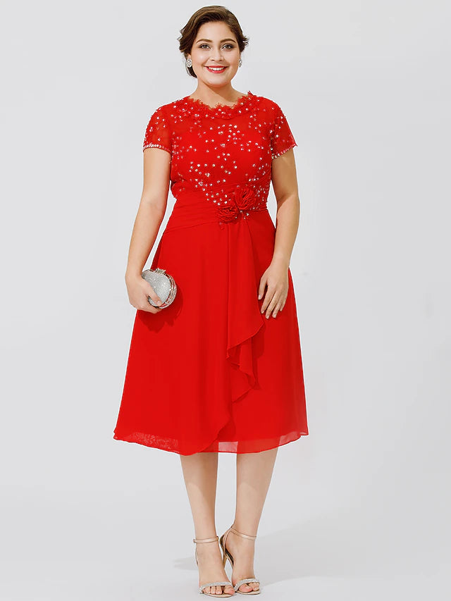 A-Linien-Kleid für die Brautmutter, elegant und luxuriös, schöner Rücken, Übergröße, Rundhalsausschnitt, knielang, Chiffon, Perlenspitze, kurze Ärmel, ohne Falten, Perlenbesatz, Blumen